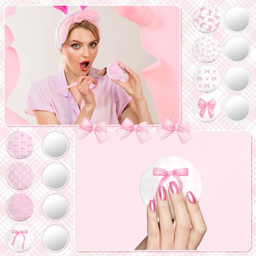 Namalu 48 Pcs Pink Bow Party Favors Pink Bow Coquette Mini Pocket Mirrors Inspirational Christian Gifts Bulk for Women Portable Round Makeup Mirror Church Religious(Cute Style)