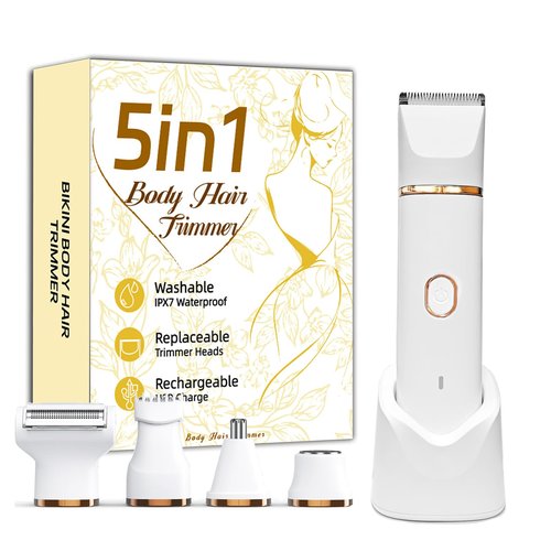 Bikini Trimmer for Women, 5-in-1 Electric Razors Shaver, IPX7 Waterproof Cordless Body Hair Trimmer, Rechargeable Facial & Pubic Hair Remover, Ceramic Blade Bikini Shaver, Gifts for Women (White)