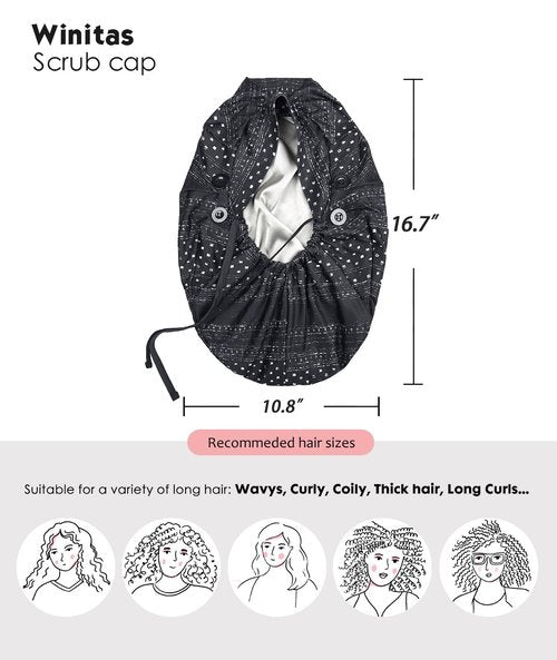 Large Satin Scrub Cap for Ponytail Women Silk Nurse Work Bonnet for Long Braids Hair Head Cover Black White