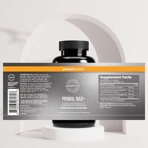 Primal Harvest NAD+ Supplement - Cellular Health & Energy Support with Nicotinamide Riboside (60 Count)