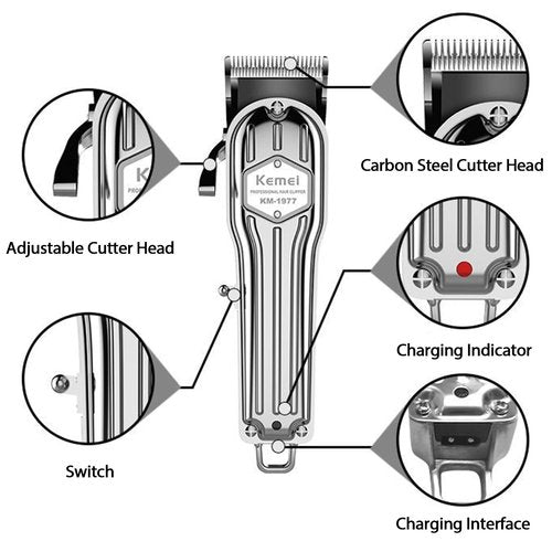 KEMEI 1977 Hair Clippers for Men Professional, Cordless Hair Trimmers Grooming Kit Wet/Dry Clippers USB Rechargeable Beard Trimmer Haircut Set for Home Use & Barbers, Silver