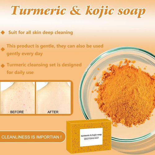 3PCS Turmeric Wash And Care Three Piece Set, Turmeric Trio: Facial Wash, Cleansing Mousse & Soap for Skin Care, Cleansing Exfoliating Pads, Turmeric Cleansing Skincare Set for Face & Body