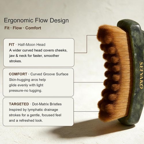 SEFVAKO Lymphatic Contour Face Brush, Dual-Ended Dry Brush + Cool-Touch Jade Gua Sha Edge, 0.075mm Ultra-Soft Bristles Gua Sha Facial Tools, for Lymphatic Drainage, Less Puffy Look, Sculpt & Relax