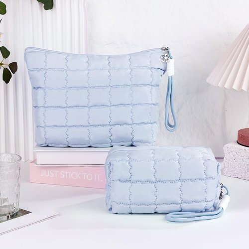 Richeart Makeup Bag Travel Toiletry Bag - Checkered Down Cotton Makeup Pouch for Women with Cosmetic and Pencil, Aesthetic Light blue Design, Small