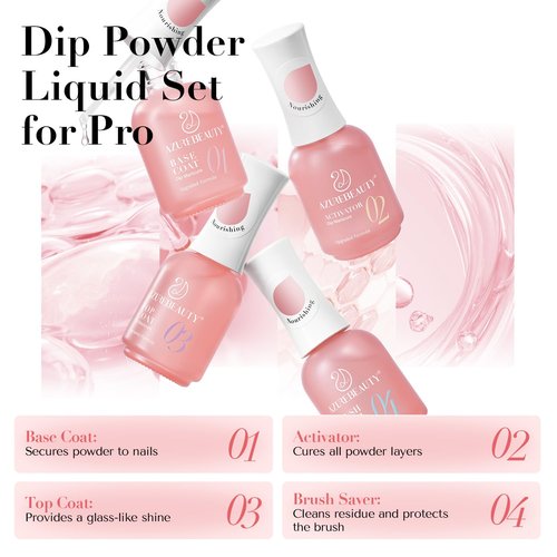 AZUREBEAUTY Dip Powder Liquid Set – Upgraded Care Formula, 4+4Pcs 15ml/0.5oz Base Coat, Activator, Top Coat & Brush Saver, Nail Strengthener with Keratin & Calcium, Low Odor DIY Home Salon