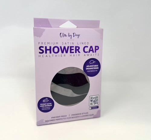 Glow by Daye Satin Lined Shower Cap, Adjustable and Waterproof with Satin Interior for Hair Protection, Large (Ebony and Ivory)