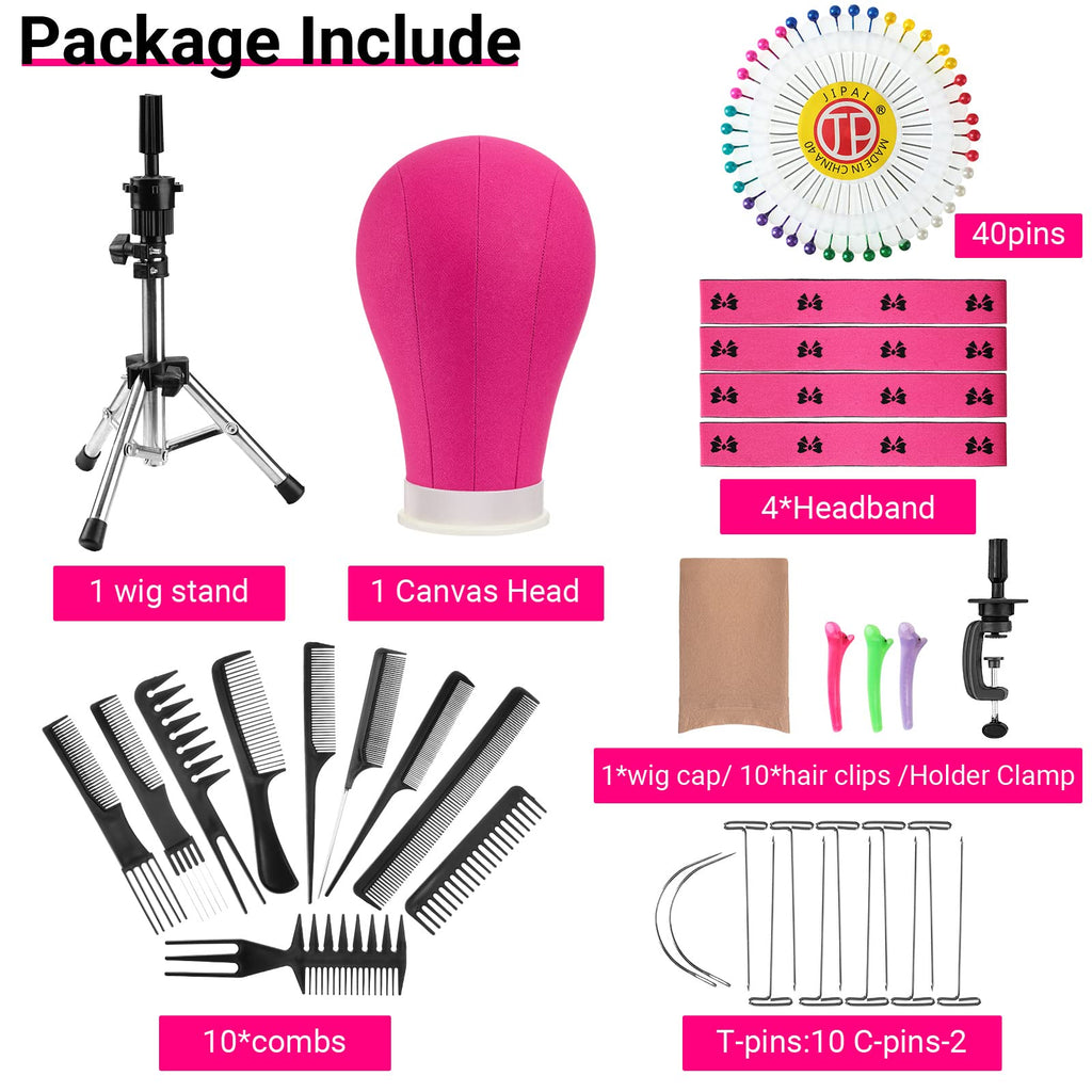 Yahenda 23 Inch Wig Cork Canvas Block Head with Mannequin Tripod Head Stand Wig Holder Stand with Pins Wigs Making Kit and Supplies Accessories for Cosplay Making Wigs Styling Display (Pink)