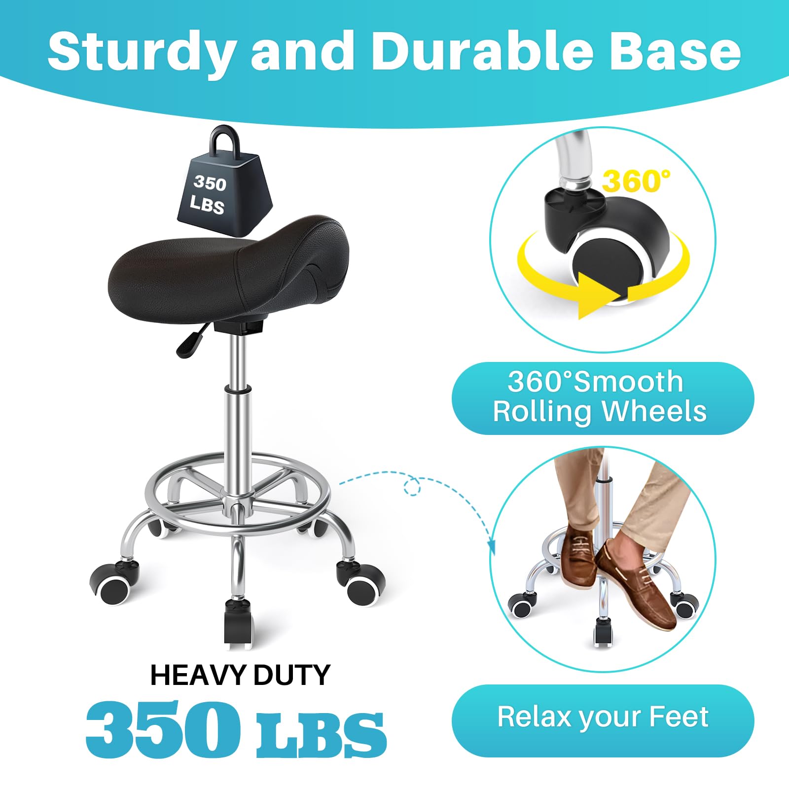 YEEZEE Saddle Stool Ergonomic- Comfortable Rolling Saddle Stool with Wide Thick Saddle Seat Padding, Swivel Adjustable Saddle Chair with Wheels and Ring Pedal for Medical Massage Salon (Dark Black)