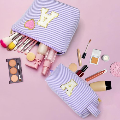 Personalized Initial Makeup Bag Gifts Preppy Cosmetic Bag Trendy Toiletry Travel Bag For Teen Girls Kids Women Letter Makeup Pouch Purse Holiday Gifts Birthday Christmas Gifts 2pack (W, Purple)