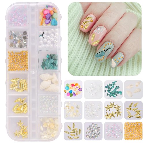 3 Boxes 3D Mixed Ocean Theme Nail Art Rhinestones Accessories Summer Beach Shell Starfish Conch Sea Series Sequin Nail Art Charms with Tweezers for DIY Nail Art Designs Manicure Decoration