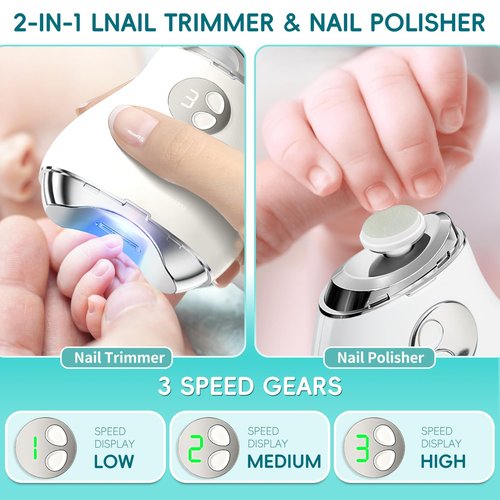 4-in-1 Electric Nail Clipper with LED Light & Nail File, Automatic 3 Speeds LCD Digital Display, Nail Clip Storage, USB Rechargeable Safety Fingernail Trimmer for Baby, Kids, Seniors (White)