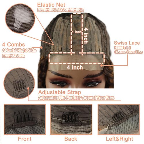 Labamiya Highlight Deep Wave Human Hair Wig 4x1 T Closure Glueless Wigs Human Hair Pre Plucked Pre Cut Lace Closure Glueless Wigs Elastic Band 200% Density P4/30 Honey Blonde Color