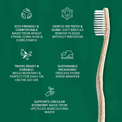 Terra & Co. Gentle Green Toothbrushes – 10-Pack of Plastic-Free Toothbrushes with Soft Bristles for Sensitive Teeth & Gums – Individually Sealed – BPA-Free, Plant-Based, Eco-Friendly & Travel-Ready