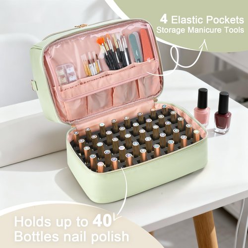 Uross Nail Polish Organizer Bag Holds 50 Bottles Nail Polish, Nail Lamp, Nail Supplies- Nail Organizers and Storage Case for Nail Tech, Nail Stuff Gel Kit Box Gift for Manicurist- Green