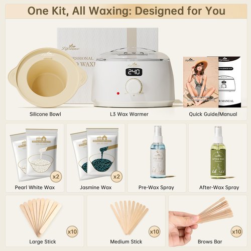 Lifestance Waxing Kit for Women & Men - White L3 Digital Warmer, Silicone Wax Pot Liner, Hair Removal Kit with 14.1oz Hard Wax Beads & Oil Spray, Professional for Home Brazilian Bikini Face Leg Body