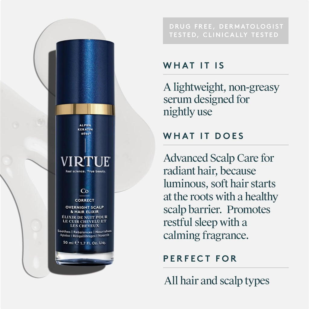 VIRTUE Correct Overnight Scalp & Hair Elixir - Drug-Free, Dermatologist Tested, 1.7 Fl Oz