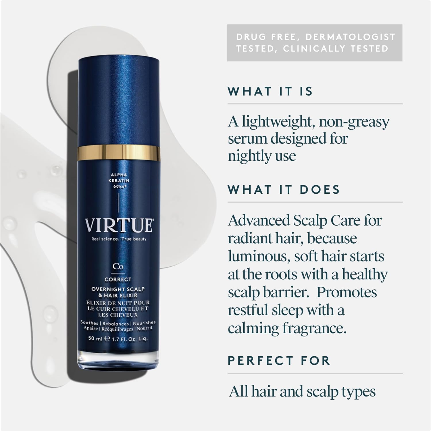 VIRTUE Correct Overnight Scalp & Hair Elixir - Drug-Free, Dermatologist Tested, 1.7 Fl Oz