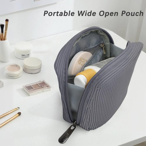 JINSI Small Makeup Bag Corduroy Travel Cosmetic Bag, Cute Stripe Make up Organizer Case with Wide-Open, Zipper Pouch Purse Storage Bag for Women Girls (Small Black-2pcs)