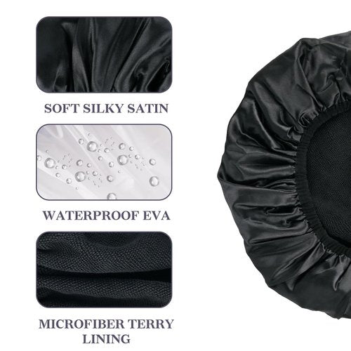 Skiennix Satin Shower Cap - Three-Layer Terry Cloth Lined, Waterproof & Reusable for Long Thick Hair | Black