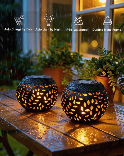 Skiennix Solar Table Lights - Waterproof 2-Pack Flickering Flame Lamps | Black Metal Decorative Lanterns for Outdoor Use