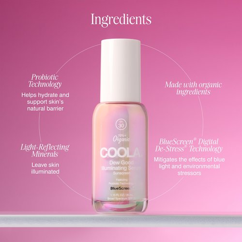 COOLA Organic Dew Good Illuminating Probiotic Serum with SPF 30, Dermatologist Tested Sunscreen with Plant-Derived BlueScreen Digital De-Stress Technology, 1.15 Fl Oz
