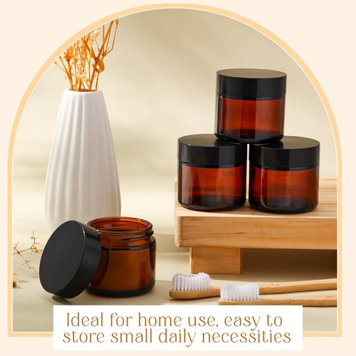 Patelai 2 oz Glass Jars with Lids, 4 Pack Amber Cosmetic Jars with Black Lids Leakproof and Dishwasher Safe for Travel Storage Makeup, Cream,Lotion,Ointments