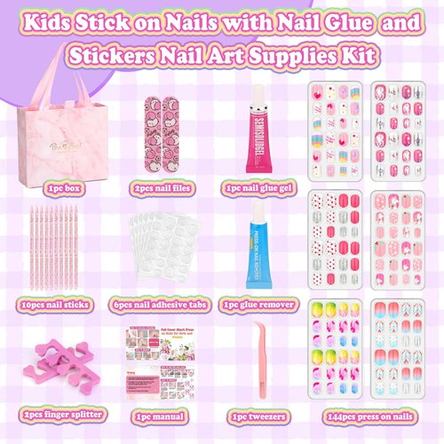 144 Pcs Press on Nails for Kids, Girls Fake Nails with Glue Kit, Cute Nails Tips with Jelly Nail Adhesive Teen Stick ons Acrylic Nails Gift Set for Girls 8-12