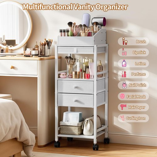 Luxspire Makeup Organizer Cart, Floor Skincare Organizers, Makeup Storage with Drawers, Vanity Organizer Cosmetics Display Cases Holder for Skin Care Perfume Nail Polish Makeup Brush Hair Tool, White