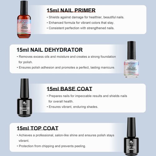 SUTOKAKA 4Pcs 15ml No Wipe Top and Base Coat Set with Nail Dehydrator and Primer X-Strength for Gel Polish Long Lasting Nail Bonding Strengthening Kit for Women