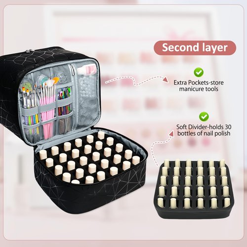 Esoes Nail Polish Organizer Case Double-Layer Nail Bag Storage PU Leather Waterproof Nail Organizer Holds 30 Bottles(15ml) and 1 Nail Lamp Large Travel Nail Supplies Shoulder Bag
