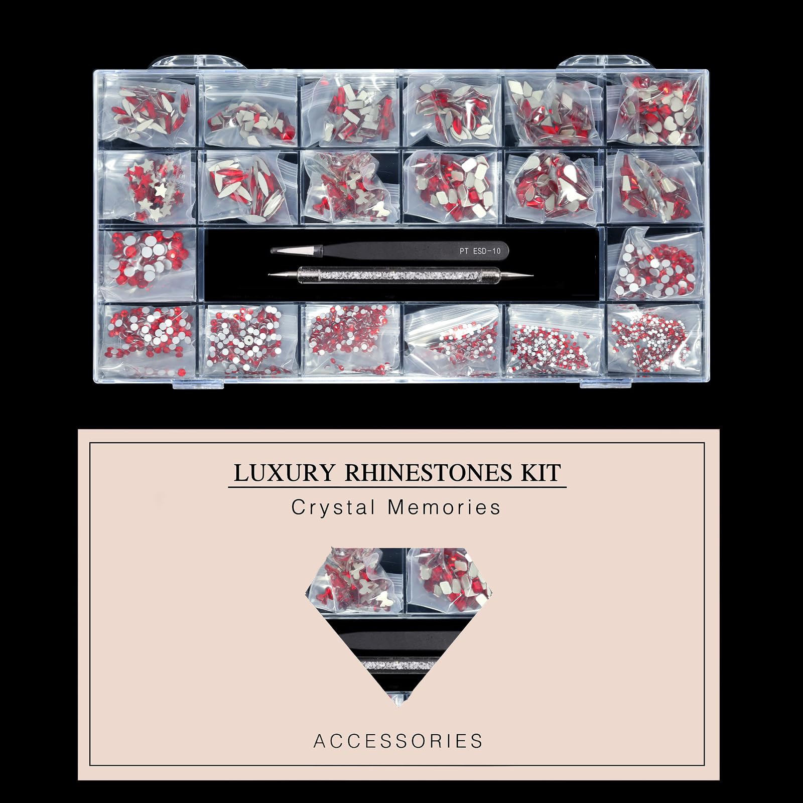 Yzzseven 12 Types of Red 600 Diamonds + 2500 Flat Rhinestones Mix 20 Styles Flatback DIY Crafts Rhinestone Crystals 3D Decorations Flat Back Stones Set +Tweezers + Drill Pen