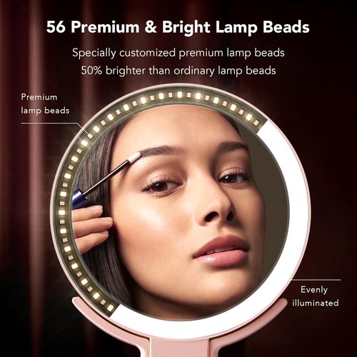 LitBear Travel Makeup Mirror - Rechargeable Double-Sided 10X/1X Magnifying Mirror with Dimmable Touch Screen | Portable Pink Beauty Mirror