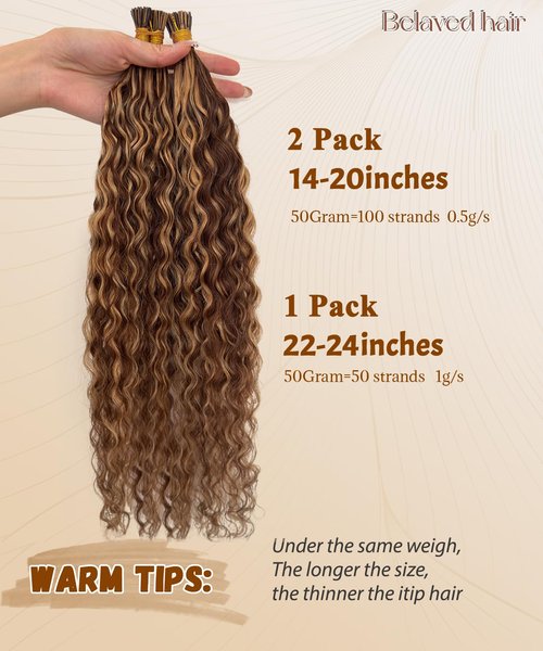 Curly I Tip Hair Extensions Human Hair 4P27 Water Wave Cold Fusion Itip Flawless Microlinks Hair Extensions Invisible Blends Naturally Individual Strands for Black Women 50G 16Inch Brown to Blonde