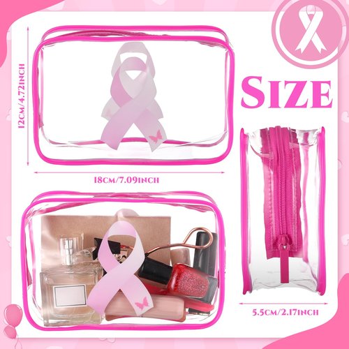 Reginary 20 Pcs Breast Cancer Awareness Clear Makeup Bag Favor, Transparent PVC Waterproof Travel Toiletry Bags with Pink Ribbon Design for Women and Girls, Cancer Survivor and Charity Event Gifts