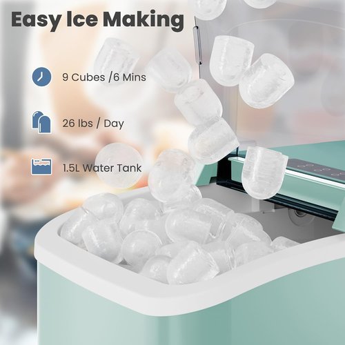 DUMOS Countertop Ice Maker - 26Lbs/24H Portable Ice Machine | 9 Bullet Cubes in 6 Mins, Self-Cleaning, Quiet, Green