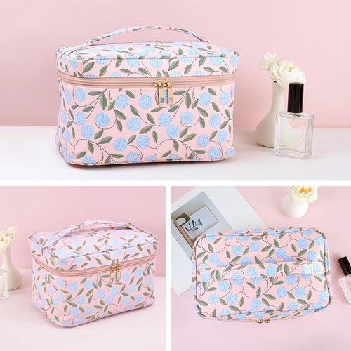 MAANGE Travel Makeup Bag, Cosmetic Bag, Portable Large Capacity Makeup Case, Make Up Organizer For Women, Oxford Cloth Toiletry Bag With Handle (Pink Plants)