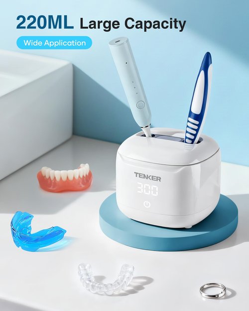Ultrasonic Retainer Cleaner Machine, 49kHz Dental Cleaning Pod for Night Guards, Mouth Guards, Aligner, Braces, Toothbrush, Jewelry, Dentures, Ultrasonic Cleaner for Oral Dental Care, 220ML, White