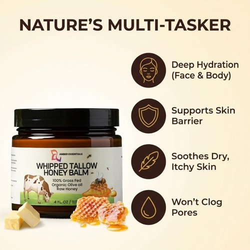 AMBER ESSENTIALS Beef Tallow & Honey Balm, All-Natural Moisturizer with Raw Honey & Olive Oil, Grass-Fed Tallow Cream for Face & Body, Deeply Nourishing Skin Care for Women & Men, Rich Moisture
