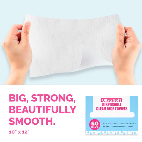 Elizabeth Mott Thank Me Later Disposable Face Towels – 100% Biobased Facial Washcloths for Cleansing, Makeup Removal & Skincare – Ultra-Soft, Lint-Free, Extra Absorbent for Sensitive Skin – 50 Count