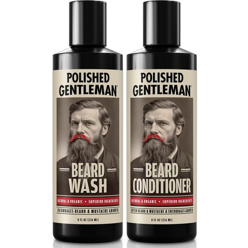 Polished Gentleman Beard Wash and Conditioner Set - Softens and Strengthens - Beard Shampoo with Growth Oil - Moisturizer & Beard Thickener - Tea Tree Unscented - Paraben-Free & Sulfate-Free (8oz)