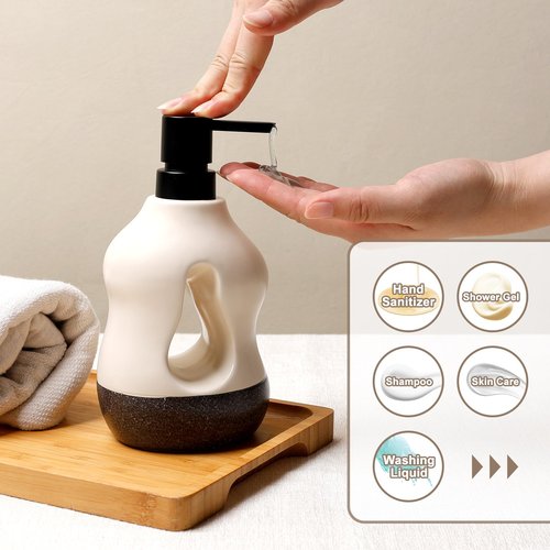 BosilunLife Ceramic Soap Dispenser - Soap Pump Dispenser Bathroom Kitchen Modern Farmhouse Elegant Refillable Soap Dispenser Lotion Hand Pump Dispenser for Kitchen Sink (Beige with Black Base, 15oz)