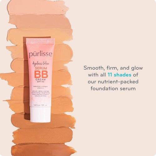 Pūrlisse Ageless Glow Serum BB Cream SPF 40 - Radiant BB Cream with Bakuchiol & Vitamin C for Youthful Skin - Light Medium (1.4 oz)