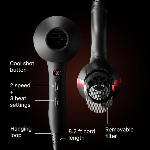 TREZORO Professional Hair Dryer - 2000W Ionic Ceramic Tourmaline Technology | Fast, Quiet Drying with 3 Heat & 2 Speed Settings, Black