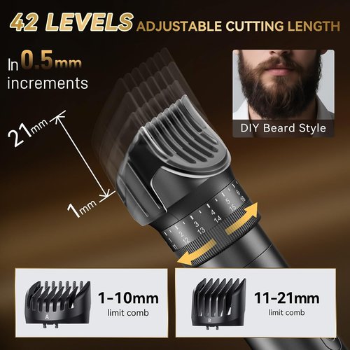 Skiennix Beard Trimmer for Men - 42 Adjustable Length Settings | Waterproof Hair Clippers with LED Display