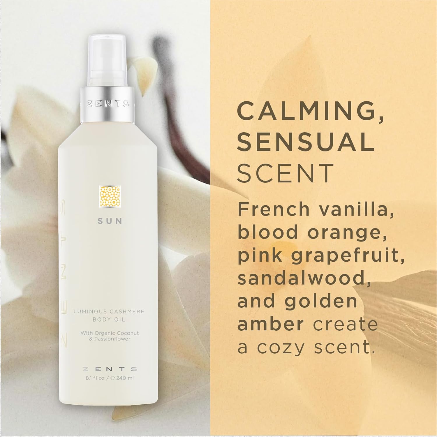 Zents Luminous Cashmere Body Oil - Moisturizing Sun Fragrance with Vitamin E & Coconut Oil | 8 fl oz