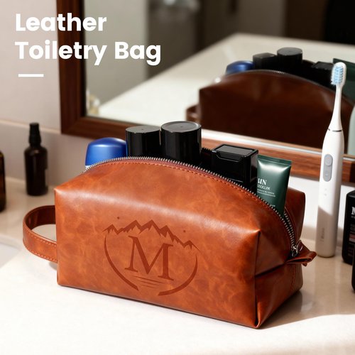 BagUrshion Toiletry Bag for Men,Mens Travel Toiletry Organizer,Personalized Men's Travel Essentials,Water Resistant PU Leather Shaving Bag for Dad Husband Boyfriend, Birthday Gifts for Him,Brown - M
