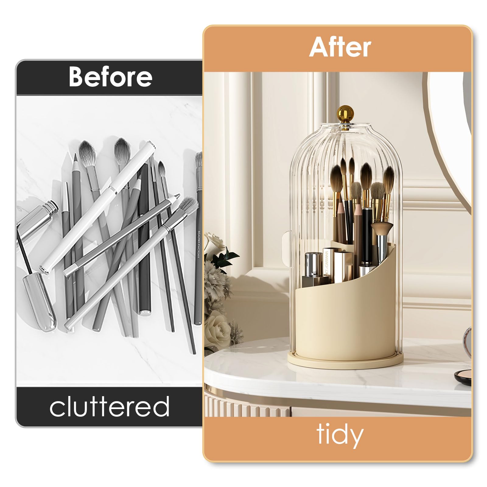 YOOLENS Makeup Brush Holder with Lid 360 Rotating Clear Dustproof Make Up Organizers for Vanity Bathroom Countertop, White Beige