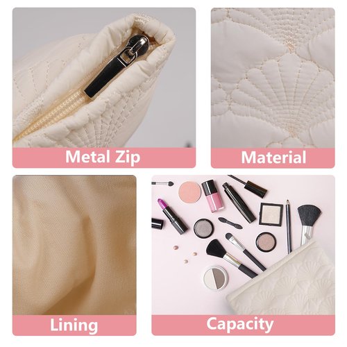 Sarrany White Quilted Makeup Bag, Cute Make Up Bag Organizer whith Shell Pattern, Cotton Cosmetic Bag for Women & Girls, Canvas Lined Pouch, Coquette Organizer purse(White Shell Medium)