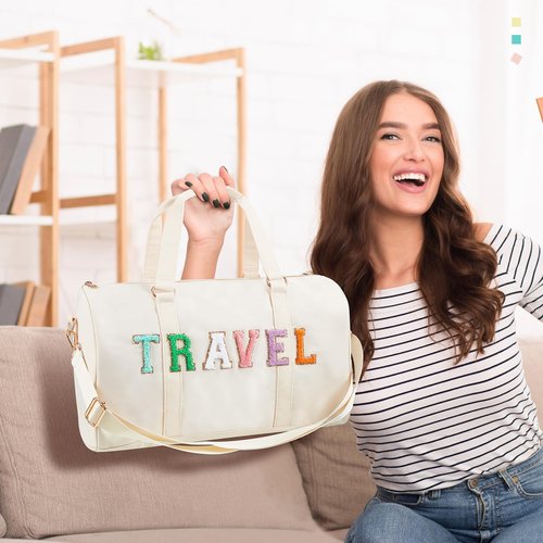 Shinylin 2 Pcs Travel Preppy Duffle Bag and Chenille Letter Makeup Pouch Cosmetic Zipper Patch Weekender Carry on Tote Bag for Women(Nude)