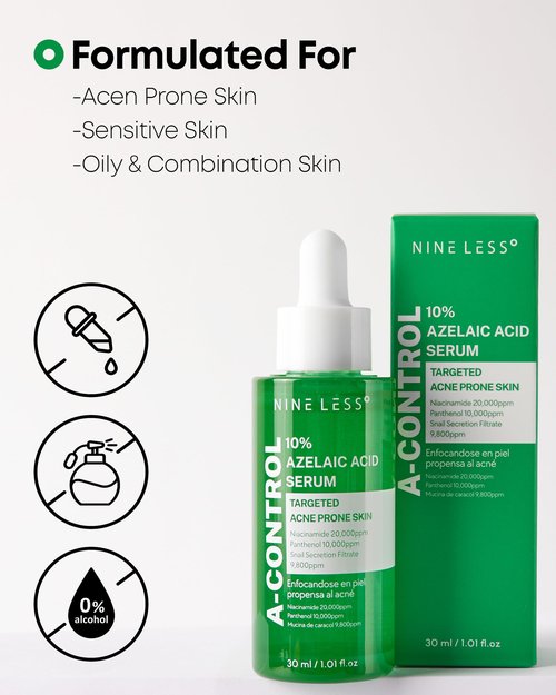 Nineless 10% Azelaic Acid Serum with Niacinamide & Snail Mucin - Redness Relief & Dark Spot Corrector for Face - Facial Serum for Acne-Prone, Oil Control & Pore Care 1.01 fl.oz